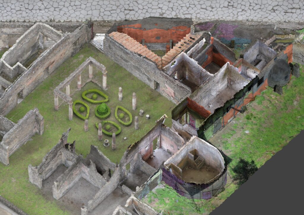 La Villa de Diomède à Pompéi, analyse archéologique en cours : modèle intégrant les relevés de terrain et interprétations ; chaque couleur correspond à une phase de construction du bâtiment à l’époque romaine, entre le IIe siècle av. J.-C. et 79 ap. J.-C. ; la couleur grise indique les restaurations modernes et contemporaines (vue isométrique du secteur sud-est du bâtiment). © Villa Diomedes Project. Infographie 3D :  Alban-Brice Pimpaud (archeo3dt) | Yves Ubelmann & Philippe Barthelemy (iconem). 